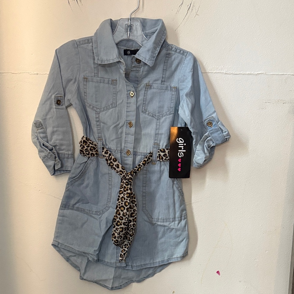 Kids Light Blue Denim Shirt with Leopard Print Belt